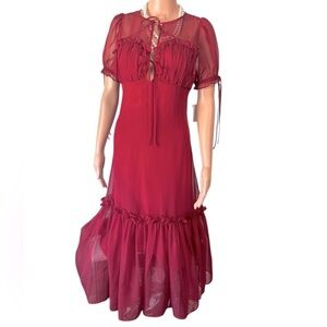 LUSH Apple Vintage Red Chiffon Pleated Sheer Milkmaid Dress- Size Small
